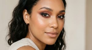 A high-end editorial close-up of a model with perfectly blended, long-lasting eyeshadow, captured wi