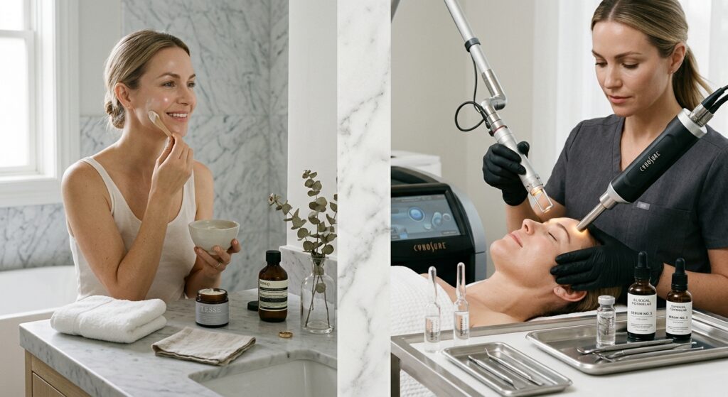A high-end editorial split-screen image juxtaposing a minimalist home skincare routine with luxuriou