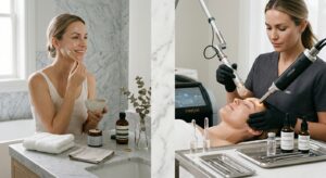 A high-end editorial split-screen image juxtaposing a minimalist home skincare routine with luxuriou