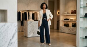 A minimalist, editorial-style photograph featuring a stylish woman in a tailored outfit accentuated