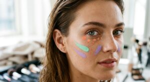 A professional, high-end editorial close-up of a woman’s face with vibrant, artfully applied color-c