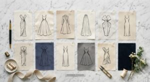 An elegant, editorial-style flat lay featuring various silhouettes of high-fashion dresses sketched
