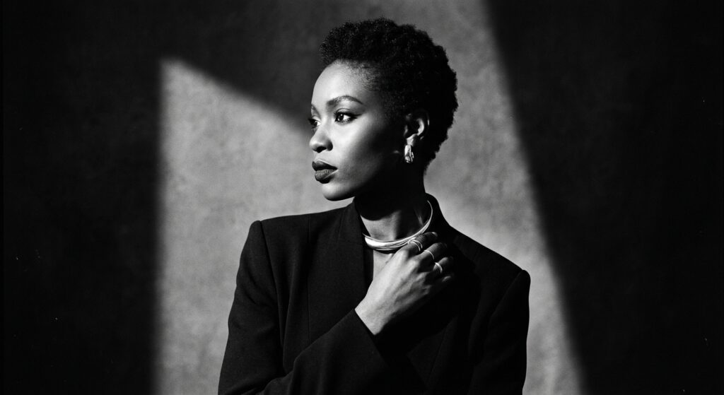 A chic high-contrast black and white studio portrait of a model with minimalist accessories, dramati