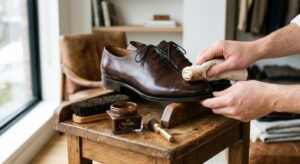 A close-up, editorial-style photograph of high-end leather oxfords being meticulously polished on a
