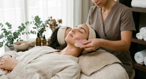 An editorial, high-end beauty photography shot of a serene woman receiving a professional facial mas