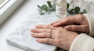 A professional, high-end editorial close-up shot of perfectly manicured glossy nails resting on a mi