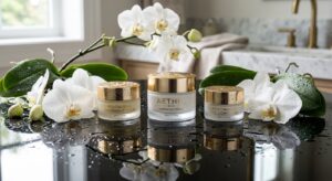 A luxury skincare concept shot featuring cosmetic jars reflecting on a glass surface, surrounded by