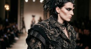 A high-fashion editorial close-up featuring intricate textures and avant-garde details from a runway