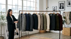 A professional editorial-style photograph featuring a sophisticated rack of varied blazer styles—ran