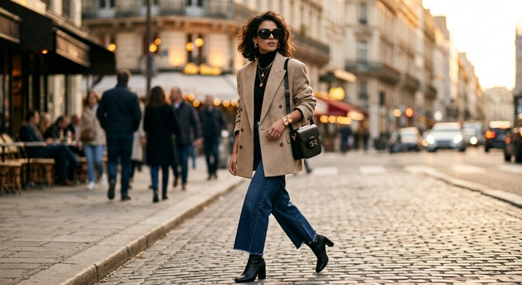 A high-fashion street style editorial shot of a model wearing a tailored oversized beige blazer and
