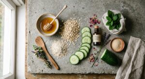 A professional, high-end editorial flat-lay of organic skincare ingredients like honey, sliced fresh