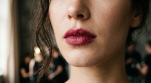 A high-end editorial close-up of a glamorous woman’s lips with slightly faded, imperfect lipstick, s
