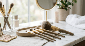 A professional close-up of high-end makeup brushes arranged elegantly on a clean aesthetic vanity, c