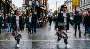 A professional editorial fashion photograph featuring a high-fashion runway look seamlessly transiti