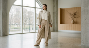 A high-end editorial fashion photograph of a minimalist outfit featuring clean architectural lines a