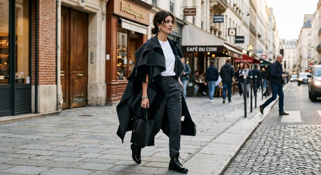 An editorial-style shot of a stylish woman on a city street wearing a bold, avant-garde runway piece