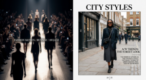 A high-end editorial split-screen composition featuring a collage of blurred runway silhouettes on o