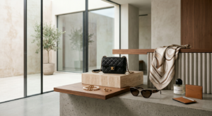 A high-end editorial composition featuring a diverse selection of luxury fashion accessories and min