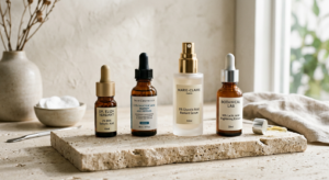 An elegant, high-end editorial shot of skincare acid bottles arranged on a textured stone surface wi