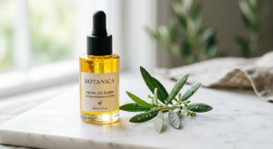 A high-end editorial close-up of a glass dropper bottle containing golden plant oil next to a fresh,