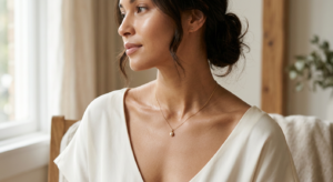 A sophisticated, editorial-style close-up of a graceful woman's neck and décolletage in soft, natura