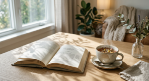 A serene, editorial-style composition featuring an open book resting on a modern, minimalist table n