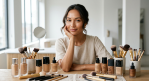 A high-end editorial close-up of a woman with flawless, glowing skin surrounded by a professional se