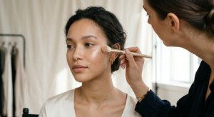 A professional editorial-style photograph featuring a makeup artist’s brush highlighting a model’s c