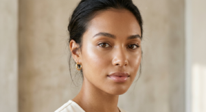 A high-end editorial close-up of a model with glowing, perfectly hydrated skin, accented by soft stu