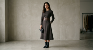 A high-end editorial fashion photograph of a woman wearing a well-tailored dress with a stylish, wid