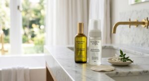 A high-end editorial shot featuring an aesthetic skincare arrangement of cleansing oil and foam on a