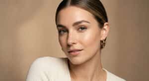 A close-up editorial portrait of a woman with perfectly groomed, naturally lifted eyebrows, showcasi