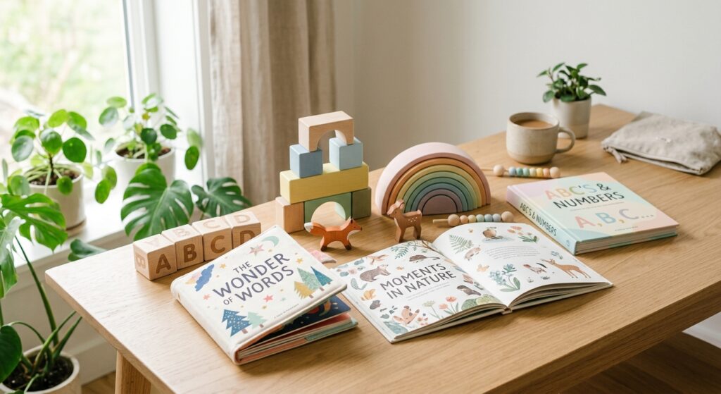 A minimalist, editorial-style composition featuring wooden educational toys and open books neatly ar