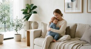 A high-end editorial lifestyle photograph of a serene mother gently comforting her toddler in a sunl