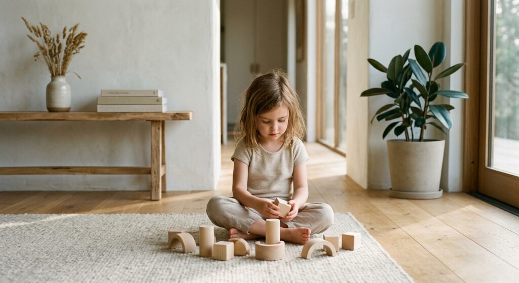 A high-quality, editorial-style photograph of a calm child sitting in a sunlit, minimalist room, foc