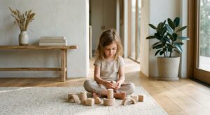 A high-quality, editorial-style photograph of a calm child sitting in a sunlit, minimalist room, foc
