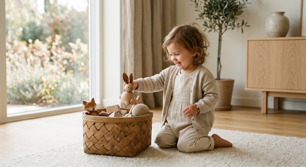 A high-end editorial lifestyle photograph of a smiling toddler carefully placing a toy in a wooden b