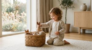 A high-end editorial lifestyle photograph of a smiling toddler carefully placing a toy in a wooden b