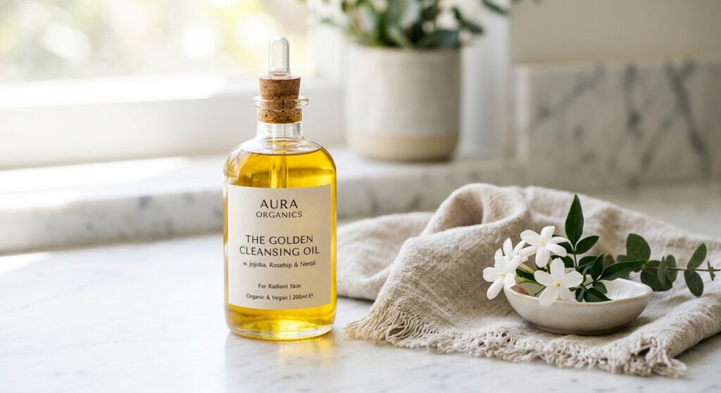 A professional, editorial-style close-up of a glass bottle of organic golden cleansing oil next to a