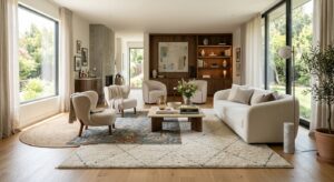 A stylish, high-end contemporary living room featuring a curated selection of elegant rugs with vari