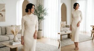 A high-end editorial shot of a stylish woman wearing a minimalist elegant dress accessorized with su