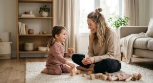 A professional and soft-focus editorial photograph capturing a gentle, empathetic moment between a m