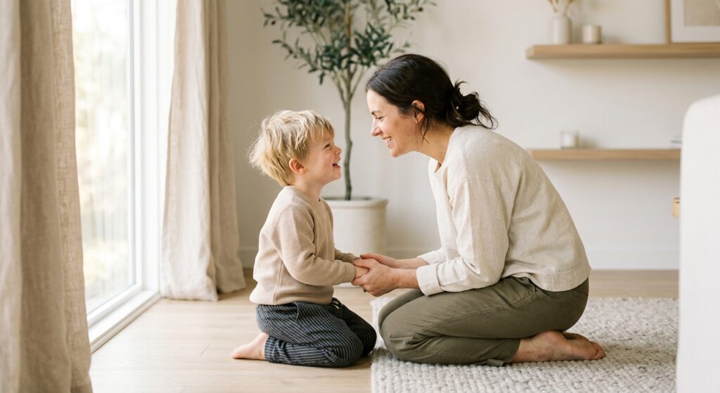 A soft-focus, professional editorial photograph of a mother gently kneeling to make eye contact with