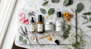 A high-end editorial flat-lay composition featuring organic botanical ingredients alongside minimali