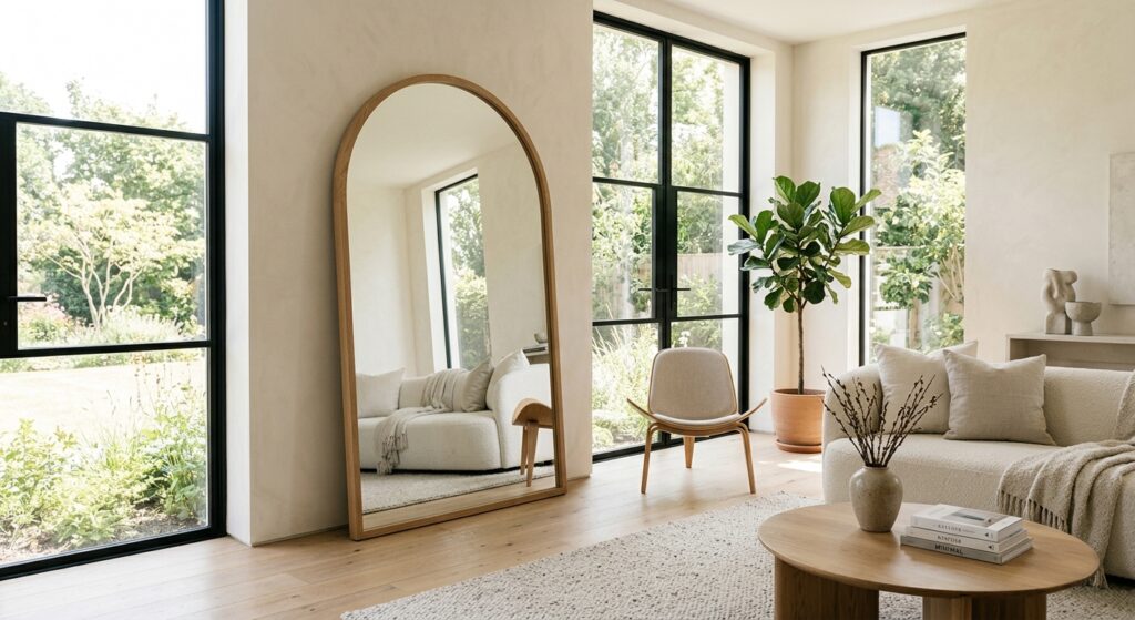 An elegant, light-filled modern living room interior featuring a large, stylish floor mirror that cr