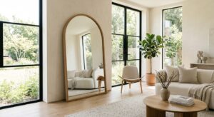 An elegant, light-filled modern living room interior featuring a large, stylish floor mirror that cr