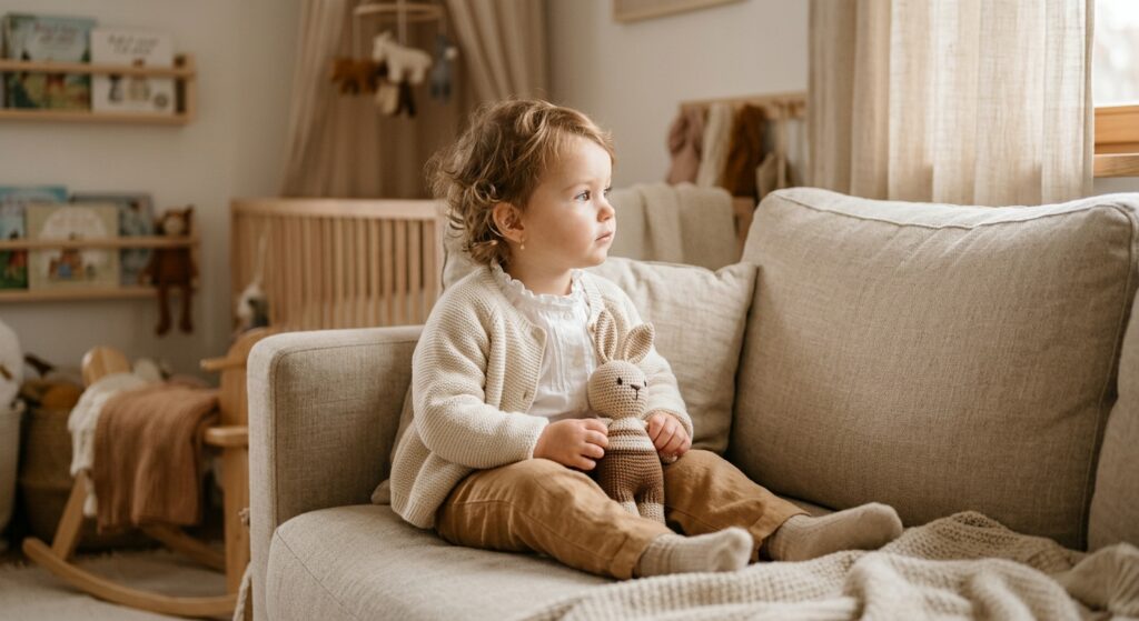 A high-end editorial photo of a gentle, stylish toddler sitting comfortably on a soft beige sofa, ho