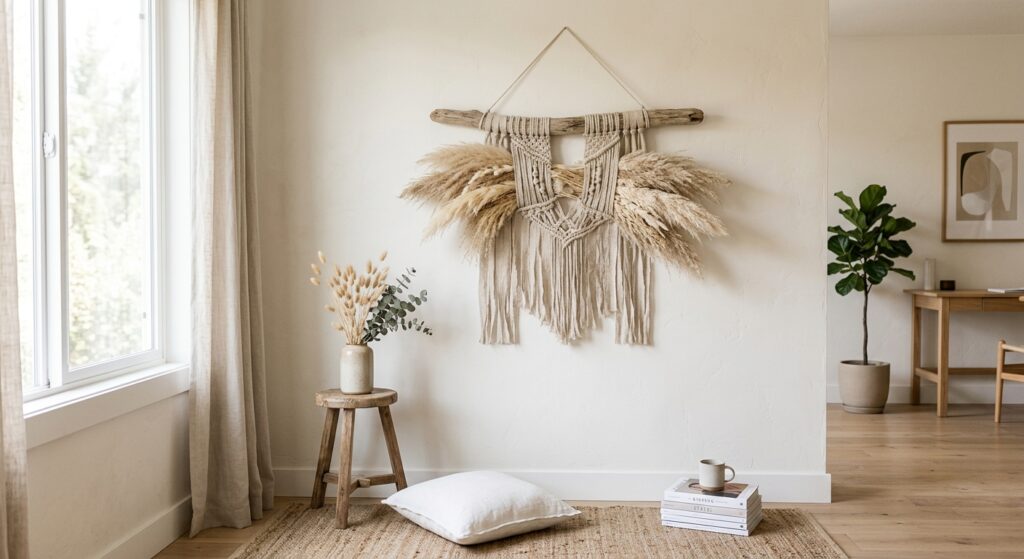 A bright, aesthetic interior featuring a minimalist handmade wall hanging made of dried pampas grass