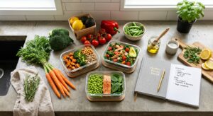 A high-quality, editorial-style flat lay shot of a modern kitchen counter featuring colorful fresh v