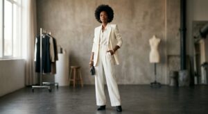 A stylish, minimalist editorial shot of a confident woman in a well-tailored monochromatic outfit th
